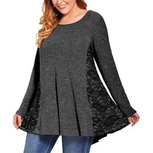 Women's Plus Size T-Shirt 5XL 6XL Plus Size Flowy Tops Women Long Sleeve Lace Patchwork Elegant Blouse Shirt Female Loose Oversized Long Peplum Tops 230203