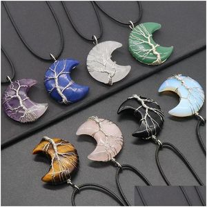 Anhänger Halsketten Mondsichel Wire Wrap Baum Natürlicher Heilstein Kristall Quarz Amethyst Rosa Halskette Für Frauen Männer Rop Dhgarden Dh928