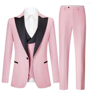 Men's Suits Tailored Made Black Peaked Lapel Blue Pink Slim Fit 3 Pieces Men Set(Jacket Pant Vest) Groomsman Wedding