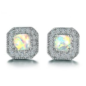 Orecchini a bottone Luxury Female White Blue Opal Stone Small Silver Color Vintage Crystal Square Wedding For WomenStud