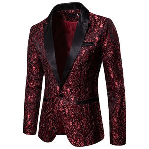 Mens Suits Blazers Gold Jacquard Bronzing Floral Suit Single Button Jacket Wedding Dress Party Stage Singer Costume 230203