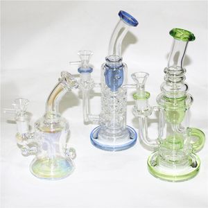 Rainbow Blue Green Colors Hookahs 14mm Glass Bong Heady Mini Dab Rigs Small Showerhead Perc Recycler Bubbler Oil Rig With Bowl Man Ash Catcher