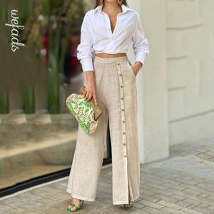 Womens Two Piece Pants Wefads Women Set Casual Fashion Risvolto Solido manica lunga Vita stroncata Top Gambe larghe larghe Set 230202