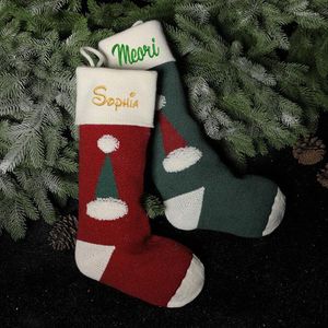 Christmas Decorations Personalized 3D Hat Stocking Red And Green Customized Holiday Stockings Embroidery Family Name