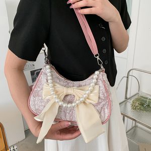 Akşam çantaları moda inci zincirleri tasarım kadın omuz messenger çantası tatlı yay bayanlar crossbody çiçek desen kadın kare çanta 230203