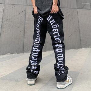 Mäns jeans river hiphop broderade mäns vintage svarta stora pojkar raka koreanska löst mager harajuku