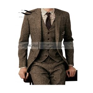 Mens Suits Blazers Brown Tweed Men 3 Pieces Formal Business Set Custom Gentlemens Groom Wedding Dress Blazer Jacketpantsvest 230203