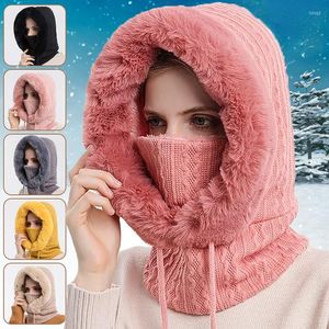 Radfahren Caps Frauen Slouchy Fleece Beanie Kaschmir Pelz Kappe Hüte Schal Maske Kordelzug Warme Mit Kapuze Winter Sturmhaube Pullover Gestrickte hut