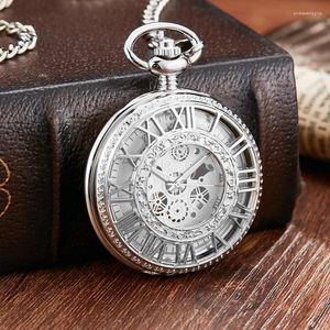 Pocket Watches vintage silver mekanisk klocka med kedja unika romerska siffror ihåliga skulptur hand vind män