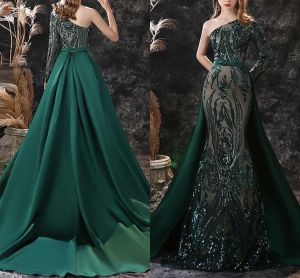 Stunning Dark Green Evening Dresses With Detachable Skirt One Shoulder Beads Sequins Appliques Long Occasion Party Gowns Women Prom Vestidos Custom Made BC15038