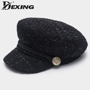 Boll Caps Women Hat Fashion Gold Thread Tweed Baseball Cap Ladies Military Hat Cool Sailor Vintage Student Cap BERET 230203