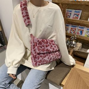 Evening Bags Lovely Pink Leopard Print Girls Furry Handbags Small Tote Soft Plush Women Large Shoulder Bag Fashion Ladies Crossbody 230203