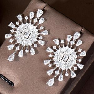 Stud Earrings HIBRIDE Unique Design Fireworks Flower Full CZ Paved Cubic Zircon Crystal Big For Women Ladies Jewelry E-135