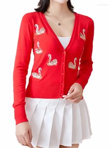 Damenstrick Makuluya Frühling Herbst Sommer Winter Frauen Pailletten Schwan Stickerei Pailletten Strickjacke Pullover Weiblich Vintage Mantel L6