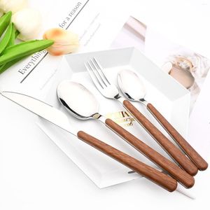 Flatware Sets Drmfiy Brown Silver Cutlery Stainless Steel Knife Fork Spoon Dinnerware Kitchen Set Imitation Wood Handle Tableware