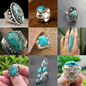 Bröllopsringar Bohemian Vintage Geometric Natural Zircon Turquoise Stone Ring Silver Color Inlay Flower for Women Jewelry Anniversary Gift