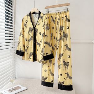 Women's Sleepwear Novelty Fashion Pajamas for Women Cute Cartoon Zebra Satin Silk Pjamas Two Piece Set Winter Autumn Home Clothes 230203