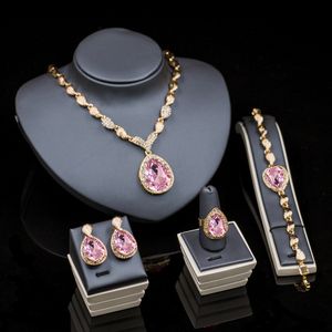 Bröllop smycken set rosa kristall för kvinnor set brudhängen halsband örhängen armband ringar tillbehör 230203