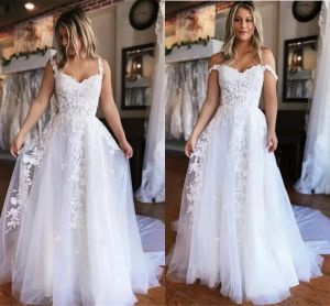 Vestidos de noiva de tule de renda boêmia de verão Simples projetou uma linha de apliques de ombro de babados vestidos de noiva longos plus size 2023 bc14991