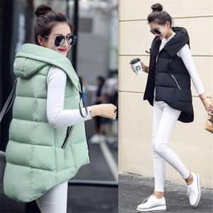 Coletes femininos outono de inverno feminino de algodão casacos de casacos de parka com capuz slim lady midi com mangas longas e sem mangas longas