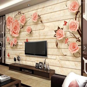 Bakgrundsbilder europeiska marmorkontaktpapper 3d blommor PO tapeter för TV backsplash papier peint feuillage väggdekor rosblomma muras