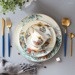 Plates Lion Design Dish Gold Rim Main Plate Circular Ceramic Animal Forest Series Tableware Tray French Dishes 8/10inch