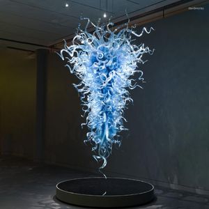 Ljuskronor handblåst glas stora 60 -tums blå kedja pendellbelysning LED -ljus fixtur modern lysterbelysning loft