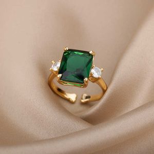 Solitaire Ring Big Green Zircon Square Stone s For Women Stainless Steel Adjustable Party Aesthetic Punk Jewelry Gift Y2302