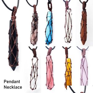 Pendant Necklaces Hexagonal Prism Stone Cord Holder Wax Rope Necklace Natural Quartz Crystal Chakra Healing Net Bag Jewelry Dhgarden Dhpwb