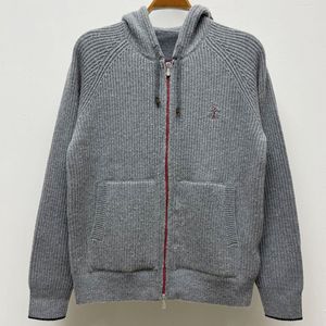 Män hoodies Brunello stickad kashmir Cucinelli långärmad huva Cardigan tröja grå blå för höst och vinter