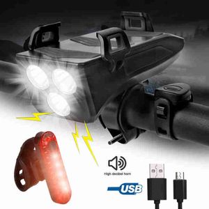 Luci 4 in 1 USB Bike Light 3 LED Bicycle Lamp MTB Front Cycling Torch con supporto per telefono e Power Bank Funciton 0202