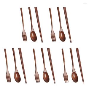 Dinnerware Sets 5X Wooden Cutlery Set Portable Eco Friendly Reusable Flatware Utensils Spoon Fork Chopsticks For Camping Lunch