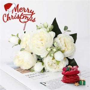 Wazony 30 cm róża białe piwonia sztuczne kwiaty bukiet 5 Wielka głowa i 4 pąki fałszywe na domowe dekorację ślubną w pomieszczeniach