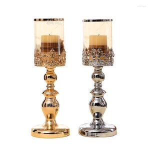 Candle Holders European Style Wrought Iron Plated Glass Holder Golden Silver Decoration Home Accessories Wedding Lantern