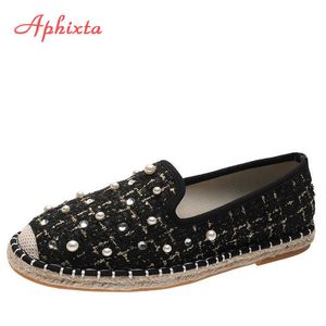 Dress Shoes Aphixta Women Flats Shoes Pearl Fisherman Flat Heel Shallow Bling Loafers Round Toe Cane Fabrics Flats Casual Ladies Footwear G230130