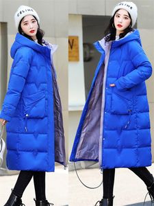 女性のトレンチコート光沢のあるジャケットの女性の下にパッド入り冬のミッドレングスコート2023韓国の綿ゆがみのオーバーコートルースウォームフード付きアブリゴ