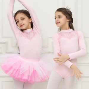 Bühnenkleidung Mädchen Ballettkleid Stehkragen Trikot Langarm Spitze Tanz Ballerina Tutu Gymnastik Kostüm