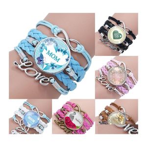 Bracelets de charme n￳s amamos voc￪ Mom infinga pulseira sempre vidro cabochon ropa de couro de couro para mulheres mama dia do dia otvwd