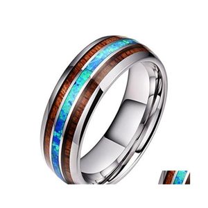 Band Rings 8Mm Wide Wood And Blue Opal Stainless Steel For Men Women Never Fade Wooden Titanium Finger Ring Fashion Jewelry Gift Dro Otgti
