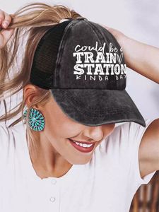 Ball Caps Baseball Cap CrissCross Tail Hat für Frauen Distressed Messy Bun Trucker Hats Could Be A Train Station Kinda Day 230203