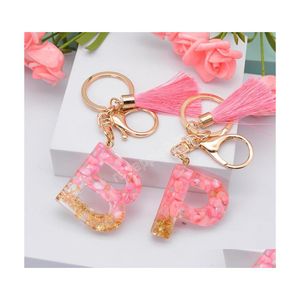 Keychains Lanyards Women Pink English Letter Keychain With Tassel Colorf Stone Filling Resin Az Initial Key Chain Bag Hanging Pend Dhi3P