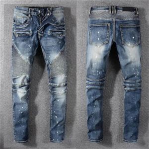 En iyi tasarımcı erkek kot pantolon sıkıntılı erkek giyim yırtılmış bisikletçisi ince fit motosiklet bisikletçileri denim erkekler moda adamlar siyah pantolon dökme hommes