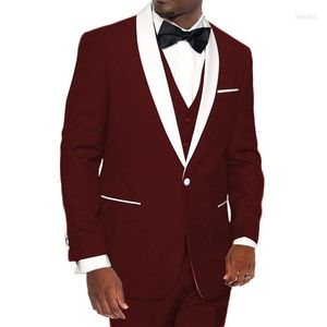 Herrdräkter Bourgogne män 3 st vitt sjal lapel en knapp kostym homme smal passform bröllop tuxedos brudgum prom terno masculino blazer