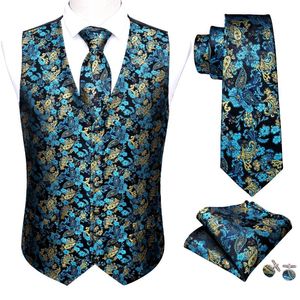 Erkek yelek teal mavi erkek lüks brokar paisley floral takım elbise yelek ipek kravat yelek seti erkek kıyafetler barry.wang moda tasarımcısı m-2036men '