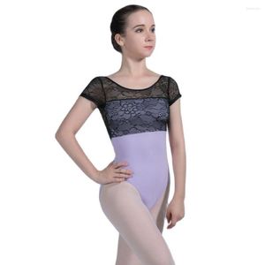 Bühnenkleidung Kurzarm-Baumwolltrikot für Erwachsene, schwarze Spitze, Ballett-Tanzpraxis, Größe XS bis XL, elastisch, 01D0164