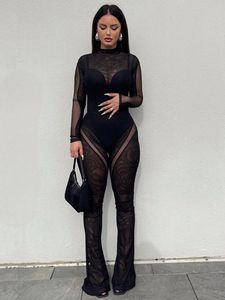 Women's Two Piece Pants Kliou Mesh See Through Set Women Sexy Oneck Long Sleeve Patchwork BodysuitsHigh Waist Flare Lady Street Suits 230204