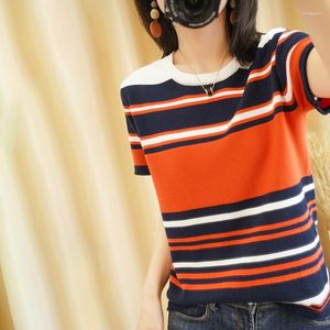 Women's T Shirts 2023 Summer Women Casual Pullover Knitted Sweater Pure Cotton T-shirts Short Sleeve Oversized Round Neck Tees Striped Tops