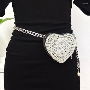 Waist Bags 2023 Chain Mini Fanny Bag Bling Circular Heart Rhinestone Coin Money European Cute Pearl Beading Packs