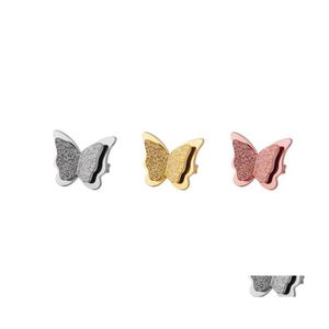 Stud Cute Rose Gold Frosted Butterfly Girls Exquisite Stainless Steel Animal Earring For Women Child Jewelry Gift 1 Pair Drop Delive Otcvk