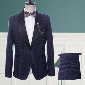 Garnitury męskie 2023 Mężczyźni niebieski lniany butik mody khaki kropki czarne satynowe lapy lapowe casual biznesowe Tuxedos 2 szt.